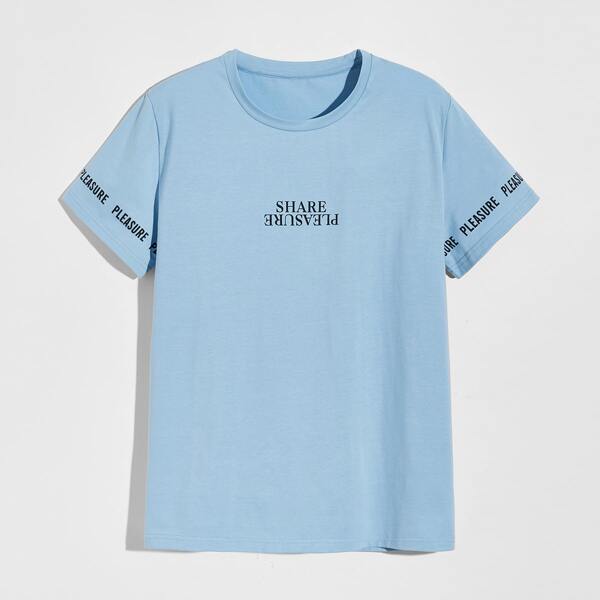 

Men Letter Graphic Round Neck Tee, Baby blue