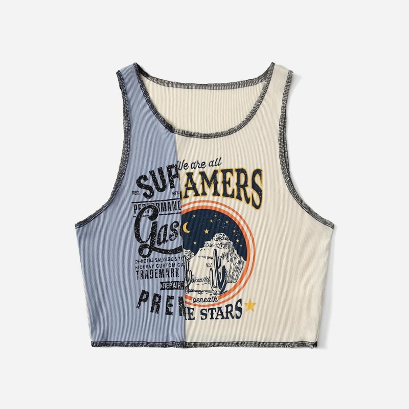 

Stitching Trim Letter Graphic Ribbed Tank Top, Multicolor