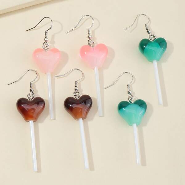 

3pairs Girls Heart Lollipop Drop Earrings, Multicolor