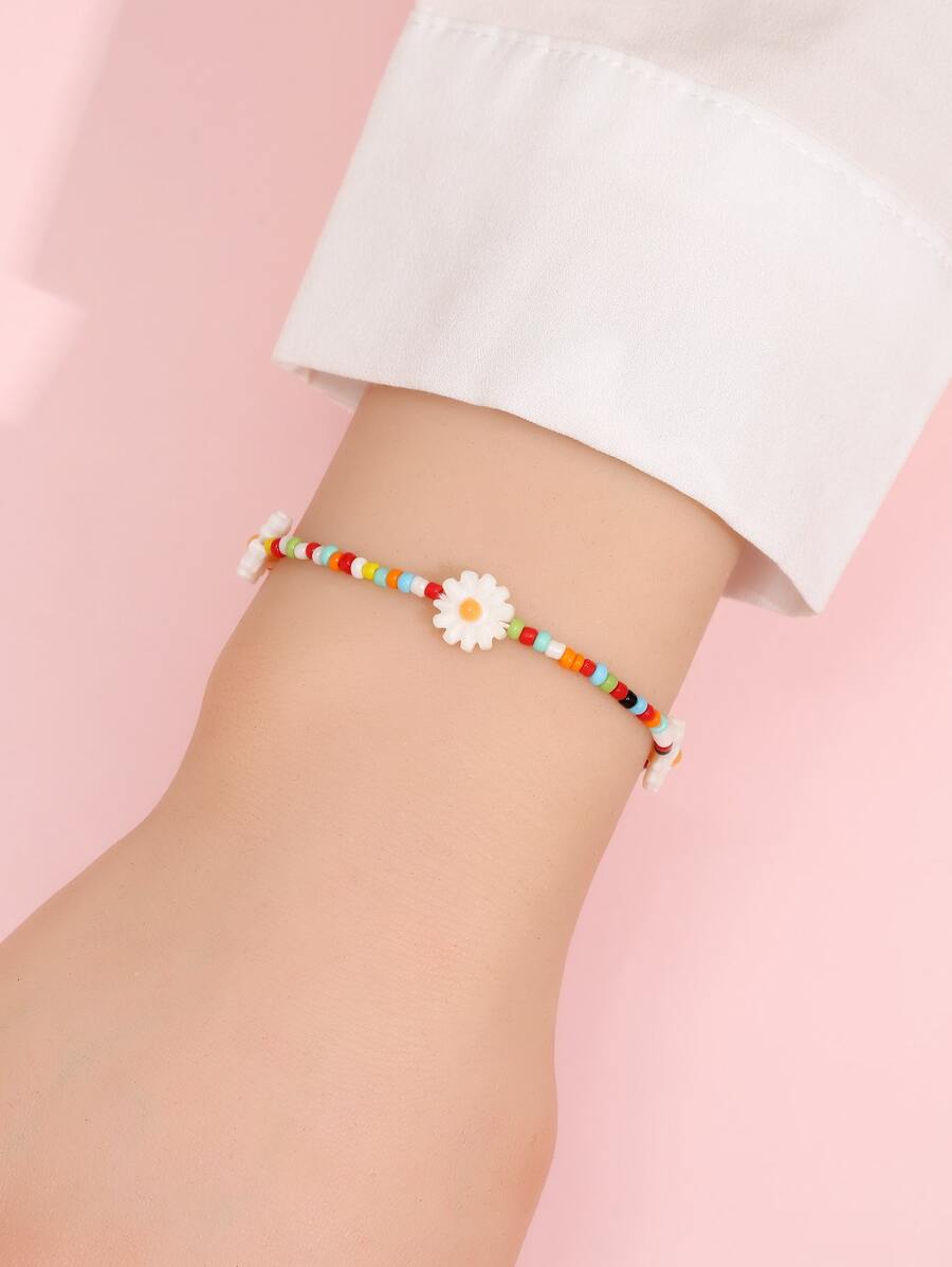 Flower Decor Beaded Bracelet - Multicolor - View 1