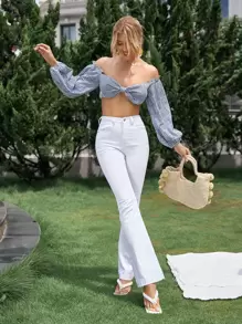 SHEIN 露肩燈籠袖抽褶後背方格布短款上衣 - 藍色 - 查看 1