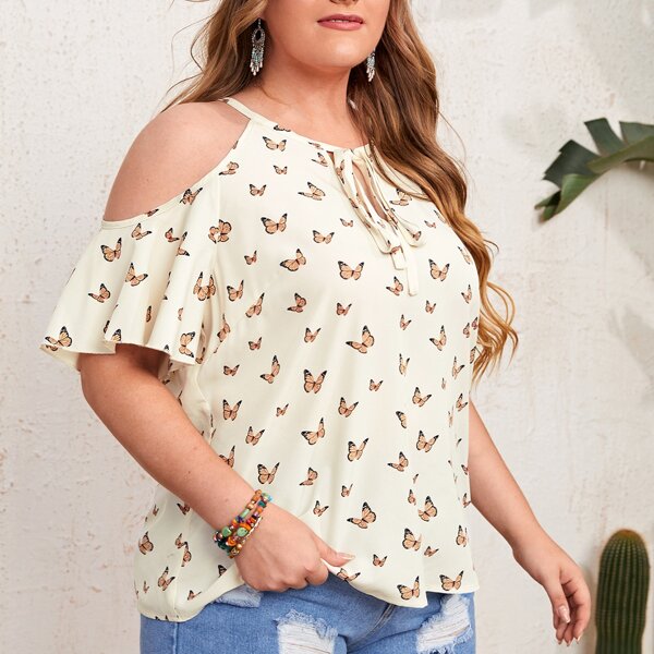 

Plus Allover Butterfly Cold Shoulder Blouse, Beige