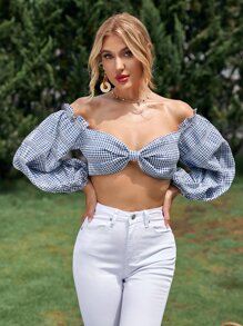 SHEIN 露肩燈籠袖抽褶後背方格布短款上衣 - 藍色 - 查看 5