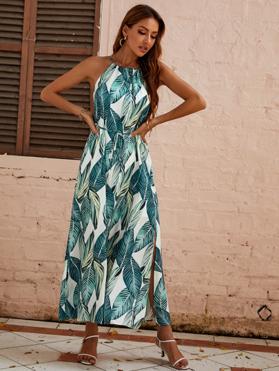 SHEIN Holidaya Tropical Print Tie Front Halter Dress