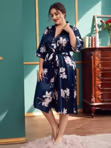 Bata con cinturón de satén con estampado floral - Azul Marino - Ver 1