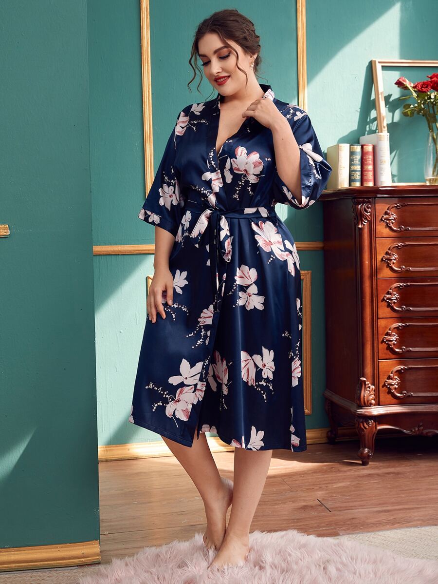 Bata con cinturón de satén con estampado floral - Azul Marino - Ver 1