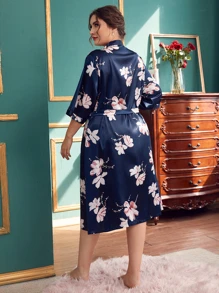 Bata con cinturón de satén con estampado floral - Azul Marino - Ver 2
