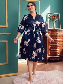 Bata con cinturón de satén con estampado floral - Azul Marino - Ver 3