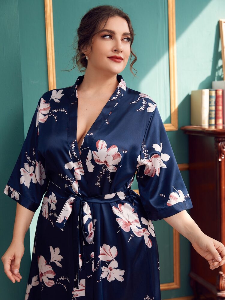 Plus Satin Floral Print Belted Robe - Navy Blue - View 4