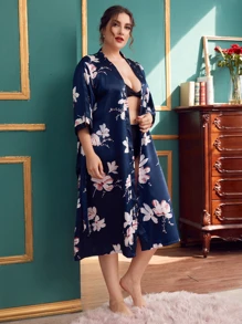 Bata con cinturón de satén con estampado floral - Azul Marino - Ver 5