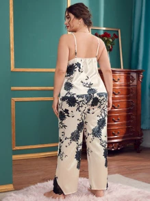 Conjunto de pijama de tirantes con encaje en contraste floral - Albaricoque - View 2