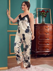 Conjunto de pijama de tirantes con encaje en contraste floral - Albaricoque - View 3