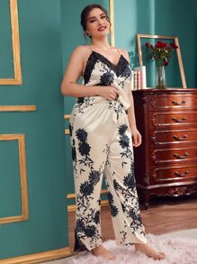 Conjunto de pijama de tirantes con encaje en contraste floral - Albaricoque - View 4