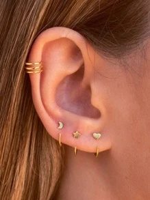 4 Piezas Aretes De Decoración De Luna Y Estrella - Amarillo Oro - Ver 1