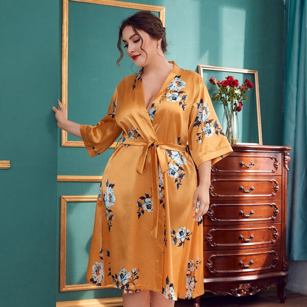 

Plus Satin Floral Print Belted Robe, Orange