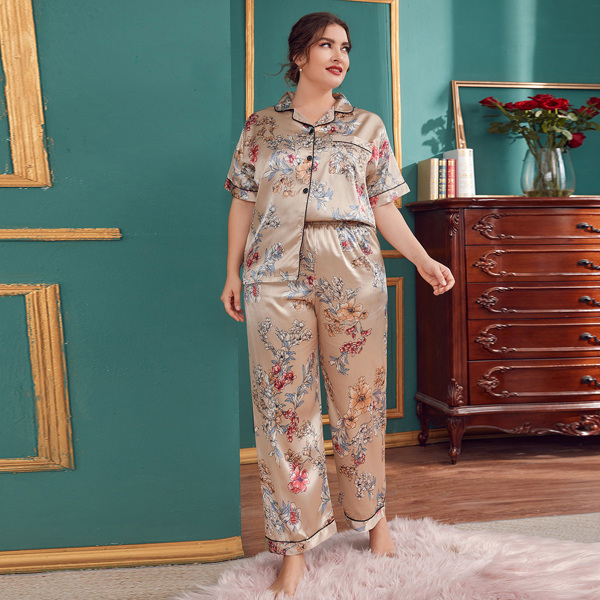 

Plus Satin Floral Print Lapel Neck PJ Set, Khaki
