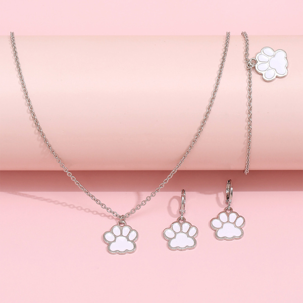 

Paw Charm Necklace & Bracelet & 1pair Drop Earrings, Silver