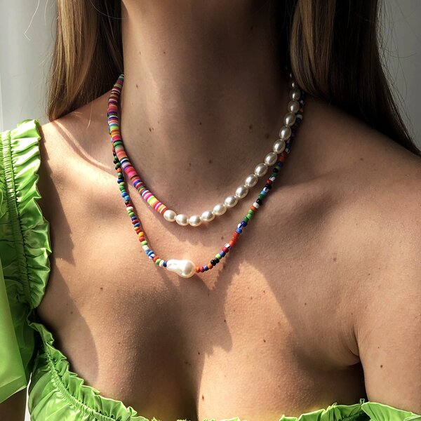 

2pcs Faux Pearl Decor Beaded Necklace, Multicolor