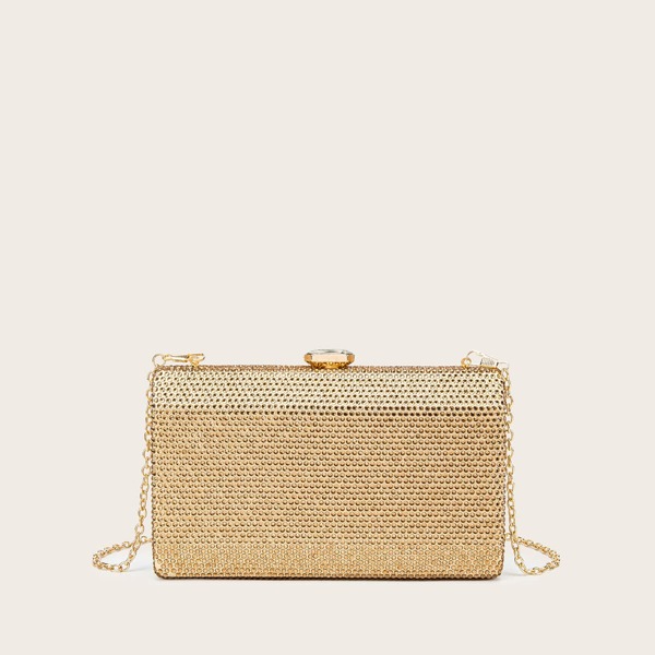 

Metallic Allover Rhinestone Decor Box Bag, Gold