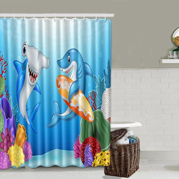 

Cartoon Shark Print Shower Curtain, Blue