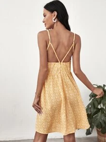 小碎花露背吊帶洋裝 - 黃色 - 查看 2