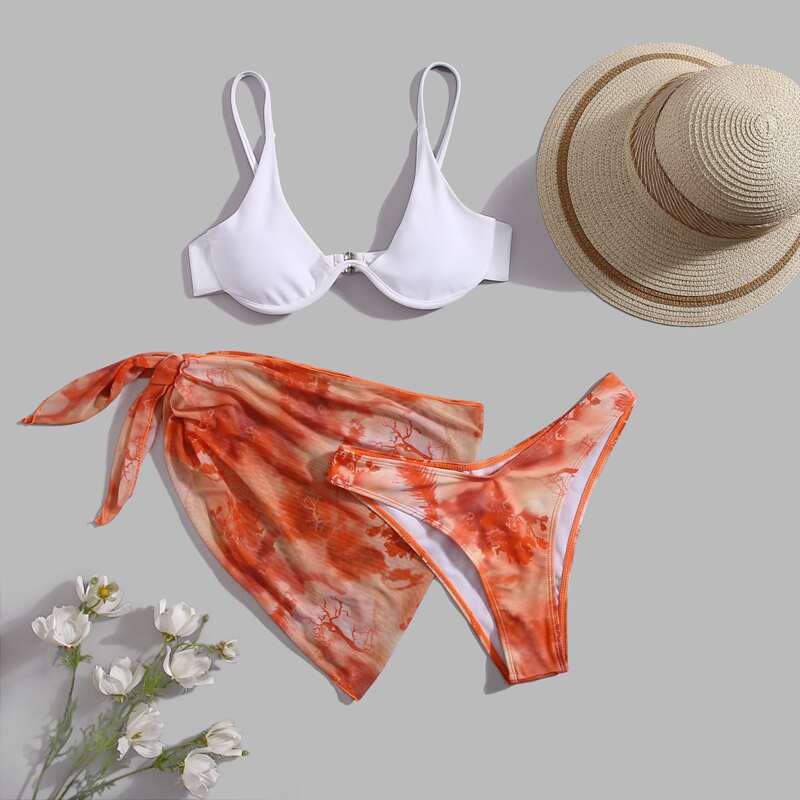 

3pack Graphic Bikini Swimsuit With Beach Skirt, Multicolor