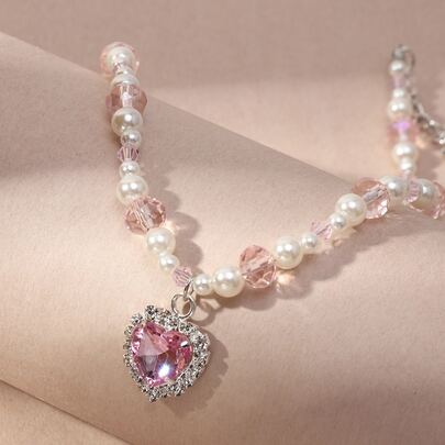 女孩水鑽心形吊墜人造珍珠裝飾項鍊