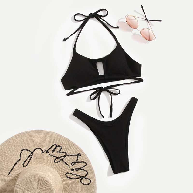 

Solid Cut Out Bikini Swimsuit, Black