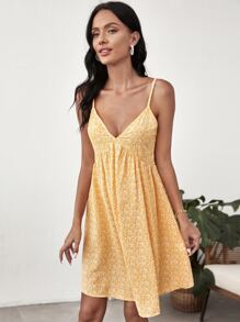 小碎花露背吊帶洋裝 - 黃色 - 查看 3