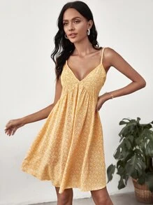 小碎花露背吊帶洋裝 - 黃色 - 查看 5