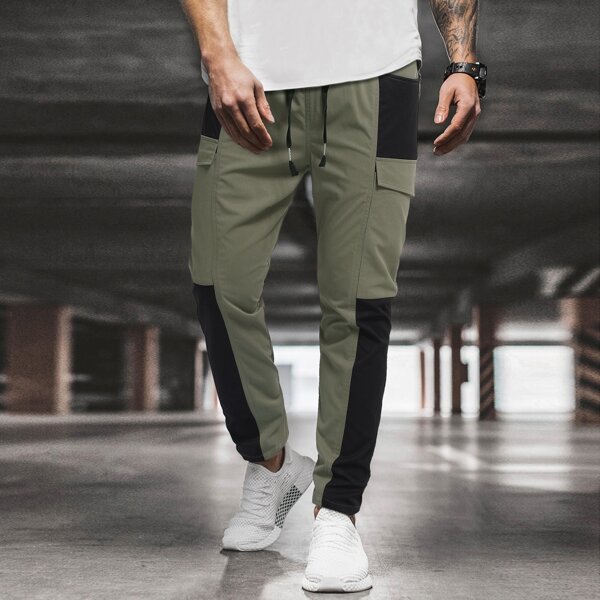 

Men Color Block Flap Detail Pants, Army green