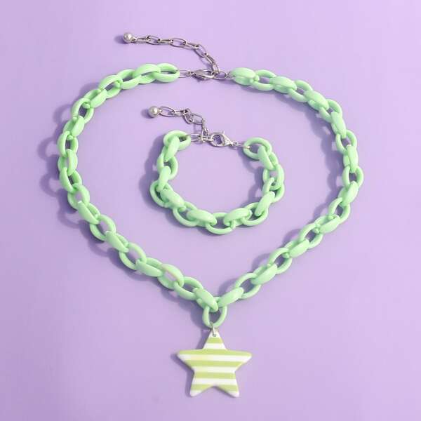 

Kids Striped Star Charm Necklace & Bracelet, Green