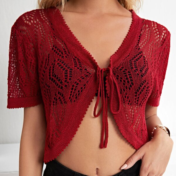 

Tie Front Open Knit Cardigan, Burgundy