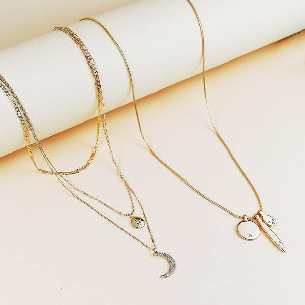 

2pcs Rhinestone Moon Charm Necklace, Gold