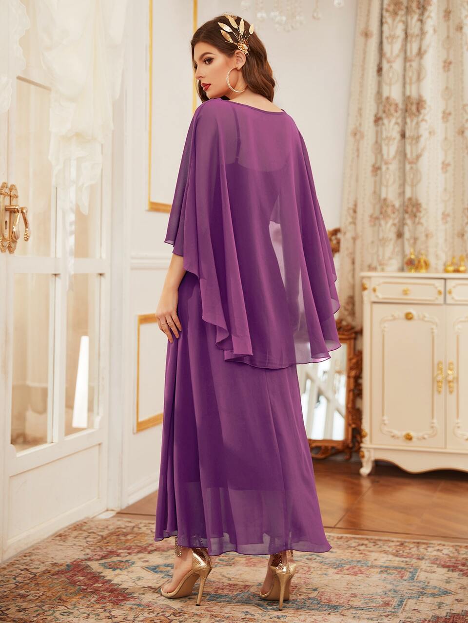 Appliques Ruched Front Cloak Sleeve Bridesmaid Dress