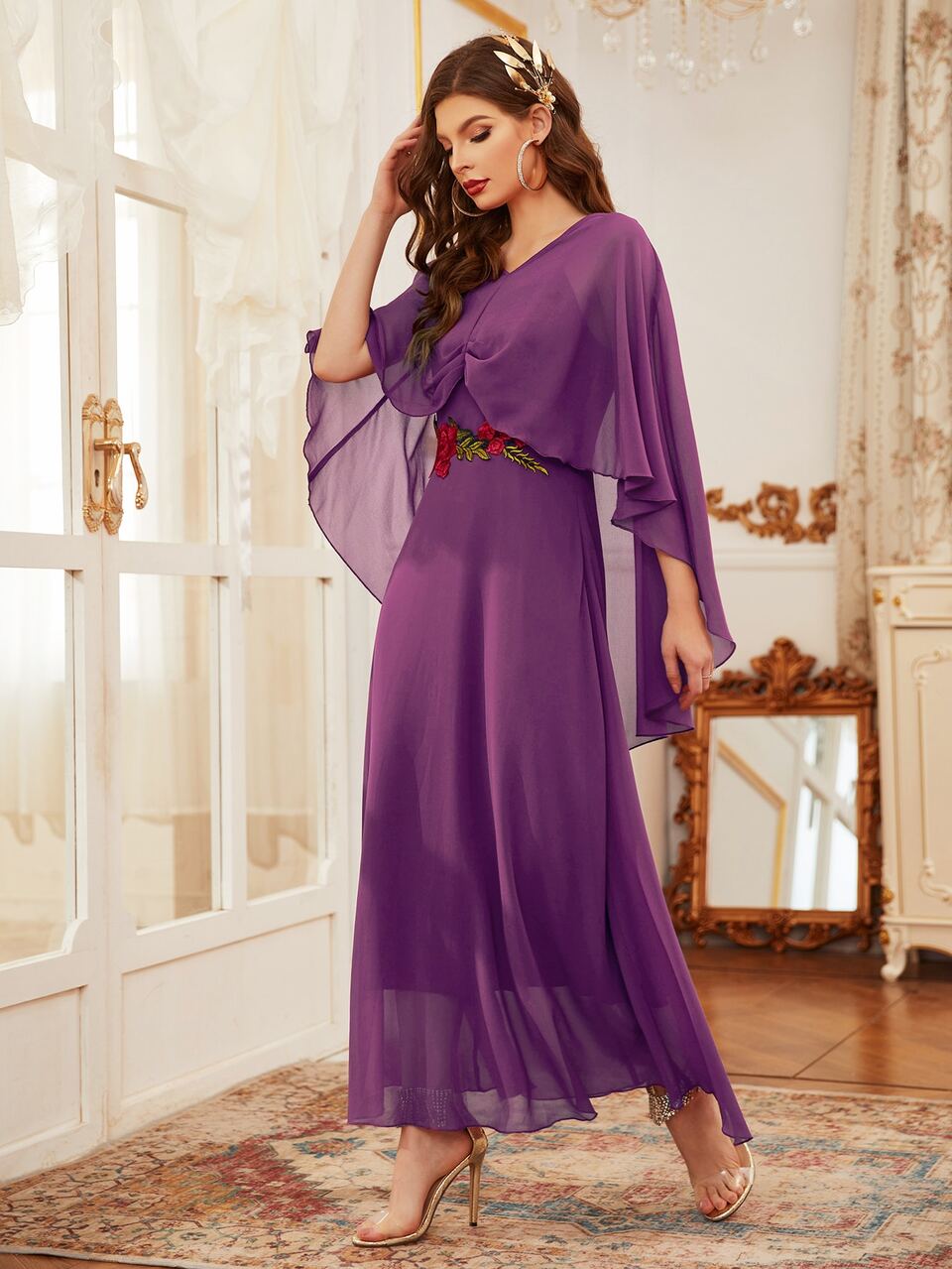 Appliques Ruched Front Cloak Sleeve Bridesmaid Dress
