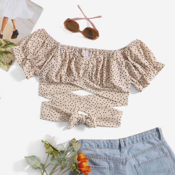 

Puff Sleeve Ruched Bust Polka Dot Crop Top, Apricot