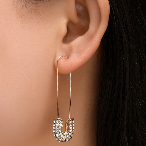 

Rhinestone Safety Pin Design Earrings, Gold