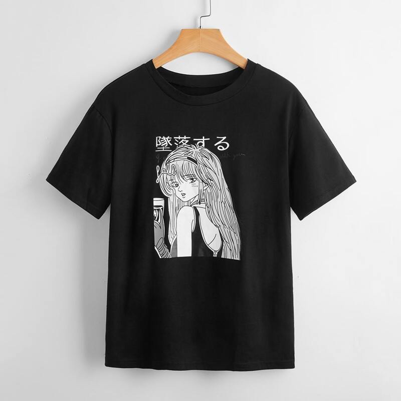 

Cartoon Figure Graphic Tee, Black