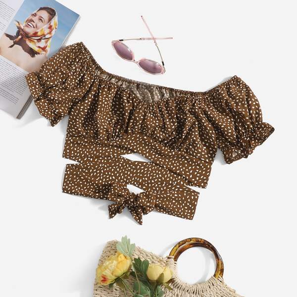 

Puff Sleeve Ruched Bust Allover Print Crop Top, Coffee brown