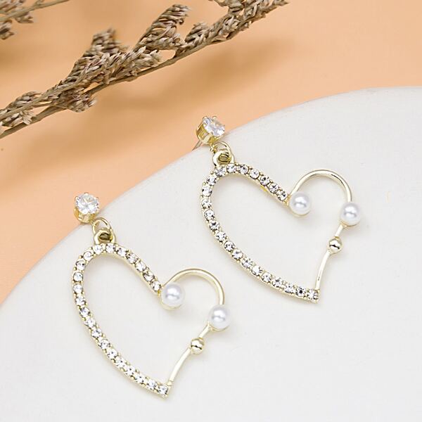 

Rhinestone Decor Heart Drop Earrings, Gold