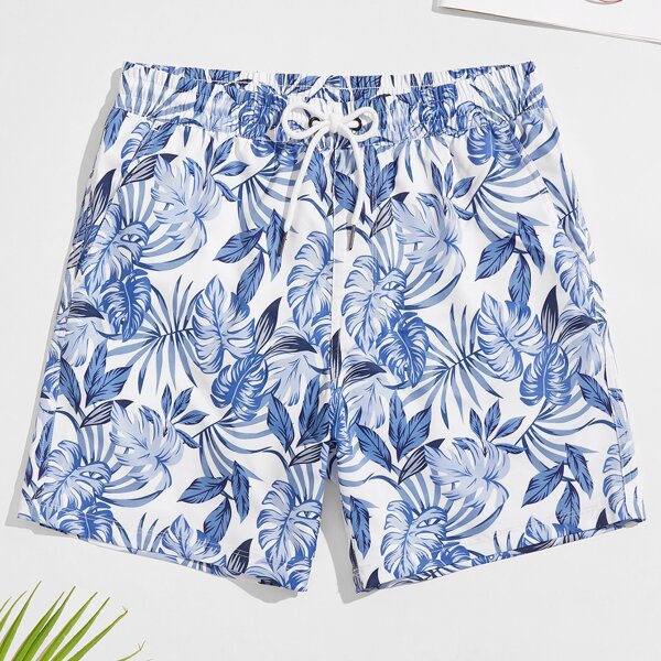 

Men Tropical Drawstring Swim Trunks, Blue and white
