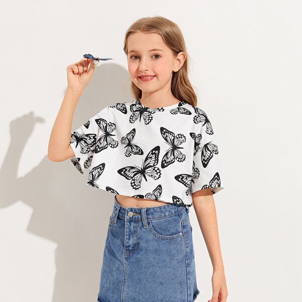 

Girls Allover Butterfly Print Drop Shoulder Crop Tee, Black and white