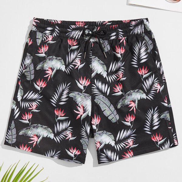 

Men Allover Plants Drawstring Swim Trunks, Black