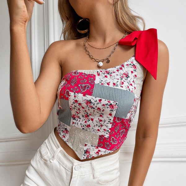 

Knot Shoulder Patchwork Print Asymmetrical Hem Top, Multicolor