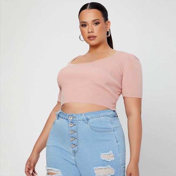 

Plus Scoop Neck Crop Knit Top, Dusty pink
