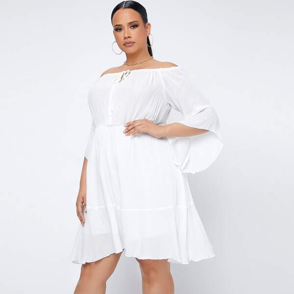 

Plus Tie Front Off Shoulder Flounce Sleeve Dress, White