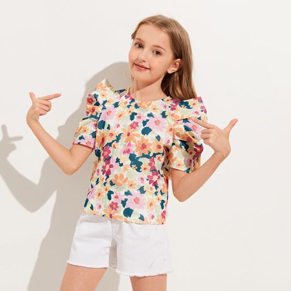 

Girls Allover Floral Print Puff Sleeve Top, Multicolor