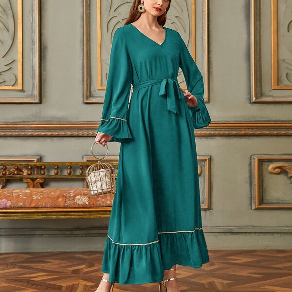 

V-neck Flounce Sleeve Self Tie Dress, Green