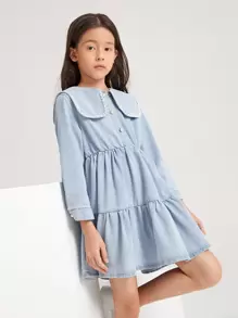 Bé Gái Váy Denim Viên lá sen màu trơn Dễ thương - Rửa nhẹ - Xem 1